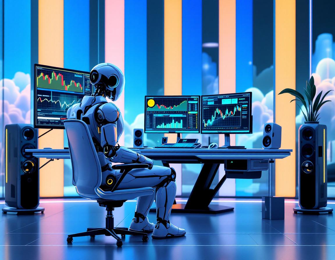 A futuristic AI trading bot at a sleek workstation, analyzing market data on multiple screens.