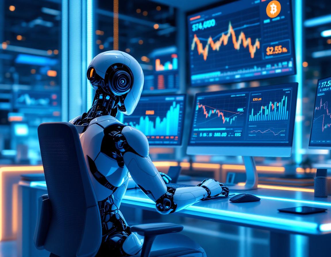A humanoid AI trading bot at a high-tech workstation analyzes market data on multiple screens.