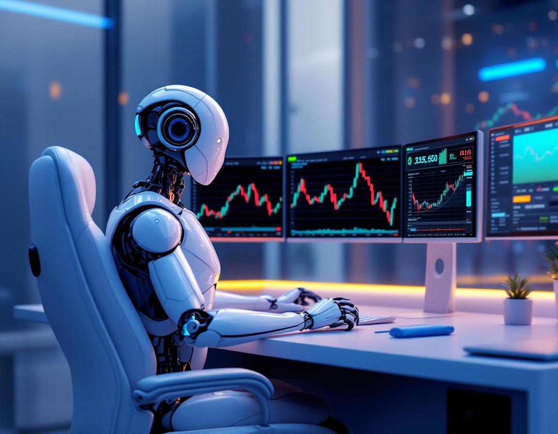 A humanoid AI trading bot in a high-tech setting, analyzing crypto and stock market data on screens.
