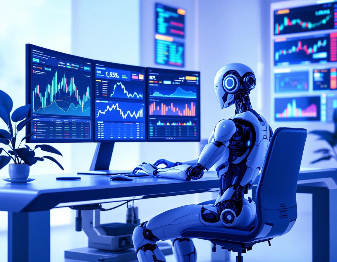 A hyper-realistic AI trading bot at a high-tech workstation analyzing crypto and stock market data.