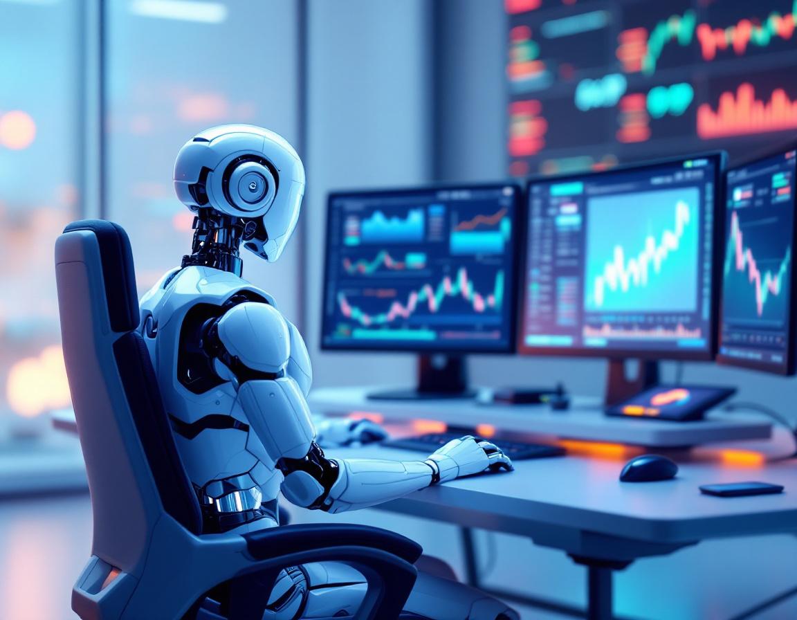 A hyper-realistic humanoid AI trading bot at a workstation analyzing stock and crypto market data.