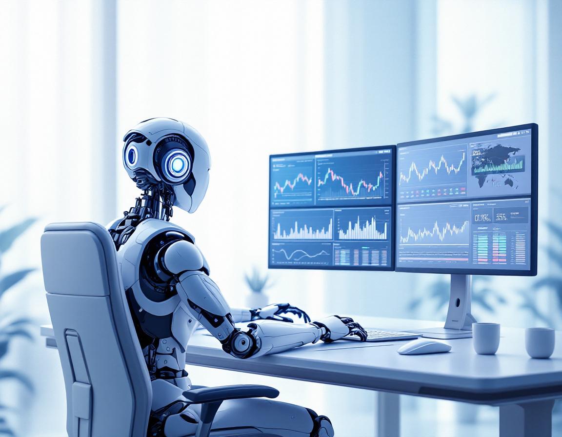 A hyper-realistic 3D AI trading bot at a workstation analyzing market data with multiple screens.