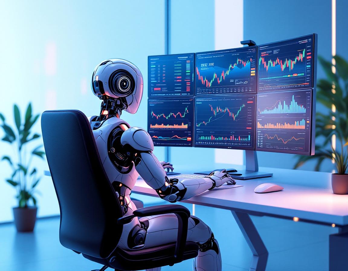 A hyper-realistic AI trading bot at a high-tech station, analyzing market data on multiple screens.
