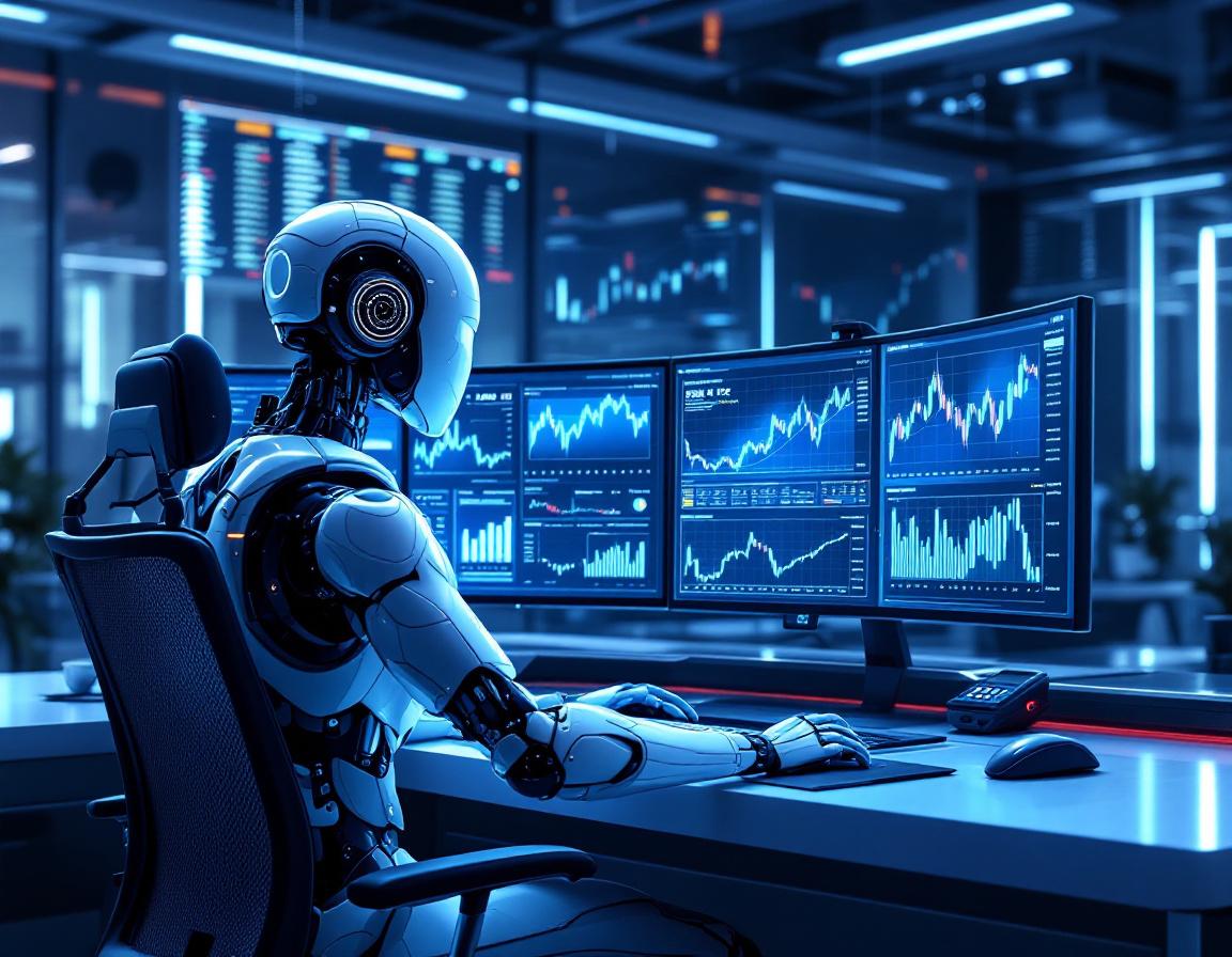 A hyper-realistic AI trading bot analyzes market data in a futuristic financial trading environment.
