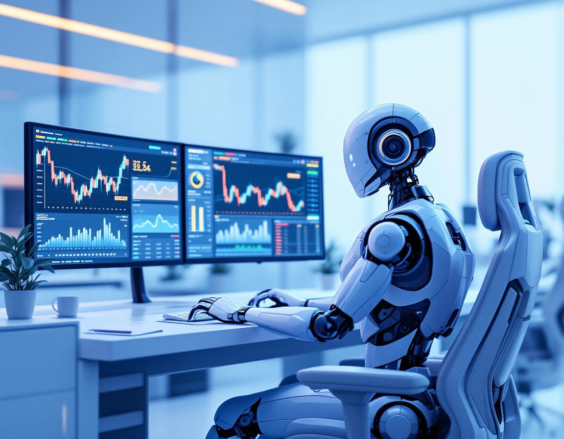 A humanoid AI trading bot at a workstation analyzing crypto data across multiple vibrant screens.