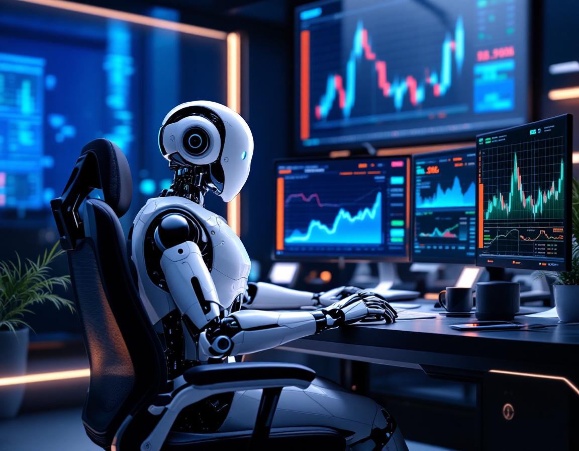 A sleek, humanoid AI trading bot in a high-tech workspace analyzing market data on multiple screens.