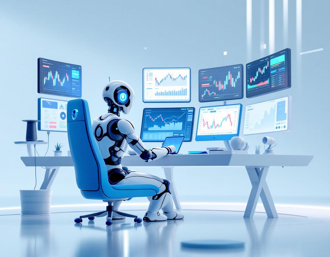 A hyper-realistic AI trading bot at a sleek workstation, analyzing market data on multiple screens.