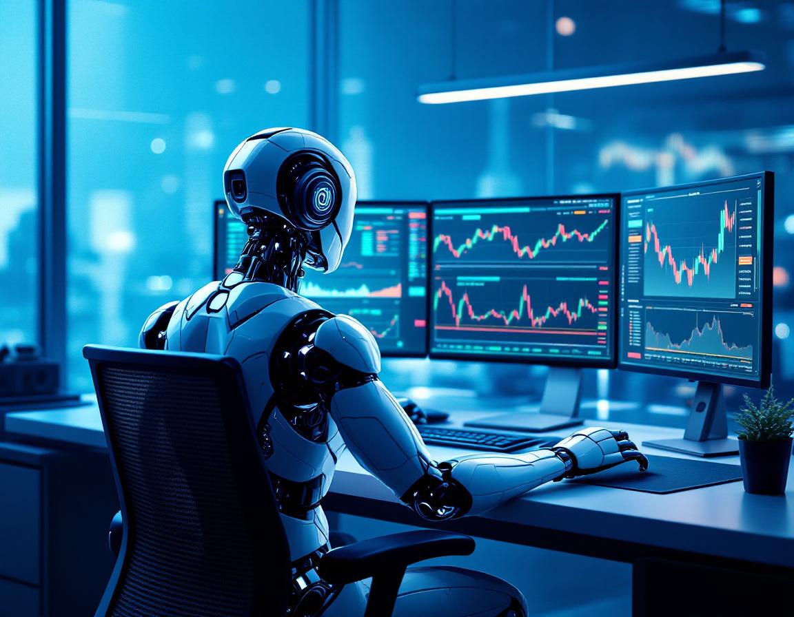 A hyper-realistic AI trading bot at a futuristic workstation analyzing crypto and stock market data.