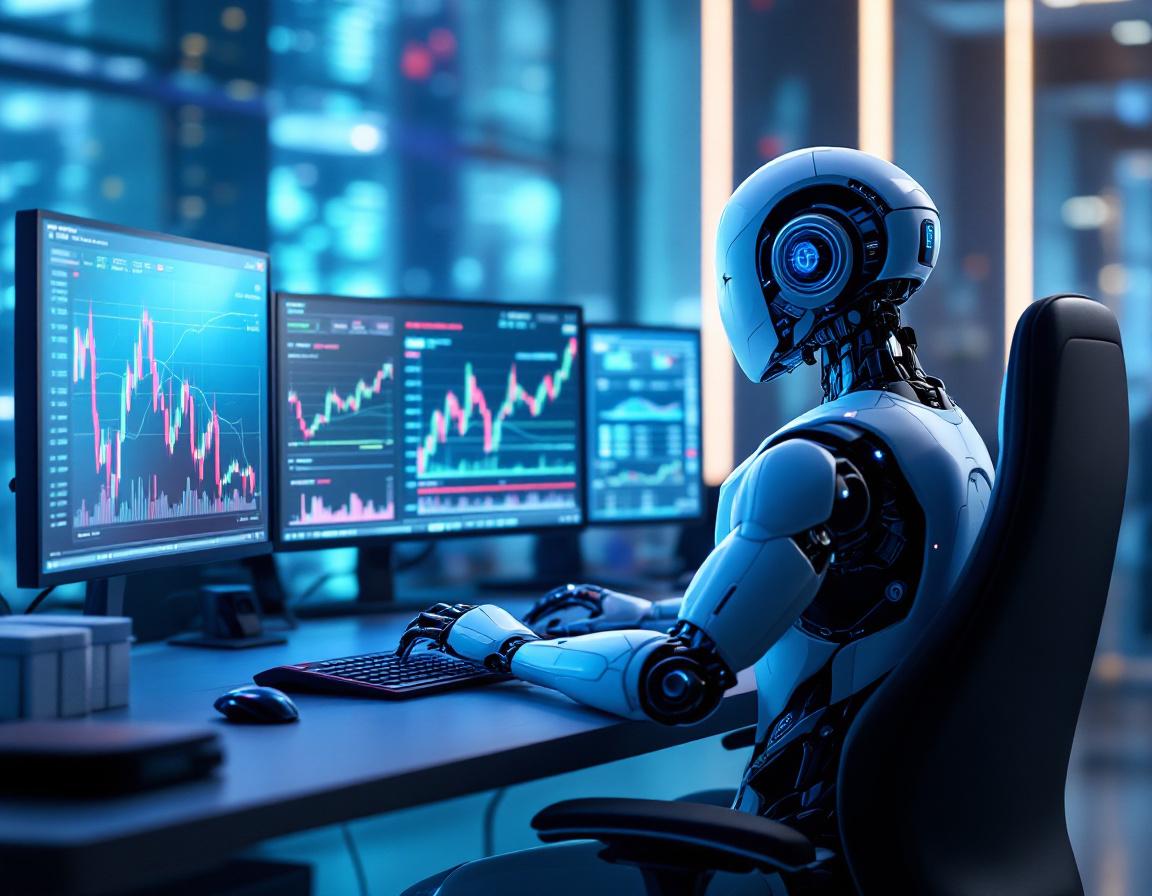 A humanoid AI trading bot at a high-tech workstation analyzing market data on multiple screens.