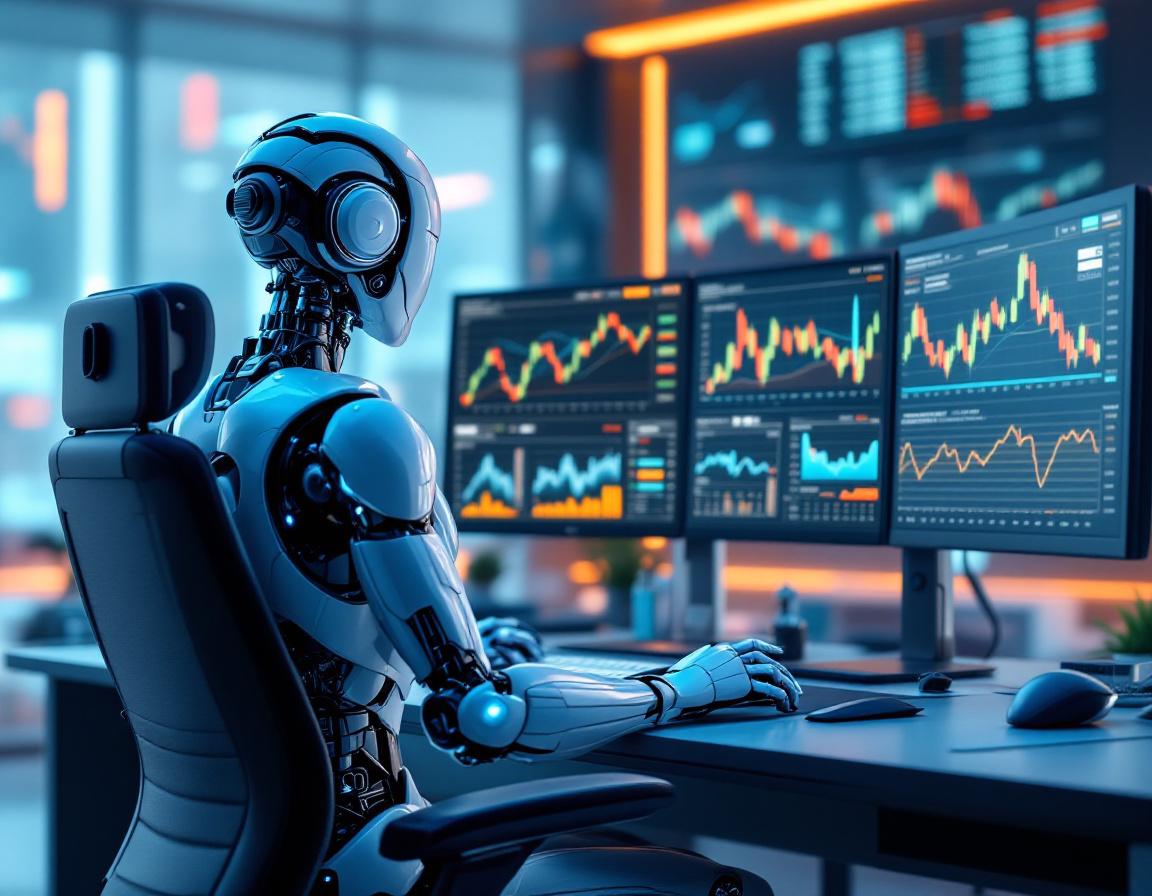 A hyper-realistic AI trading bot analyzes market data at a sleek workstation with glowing screens.