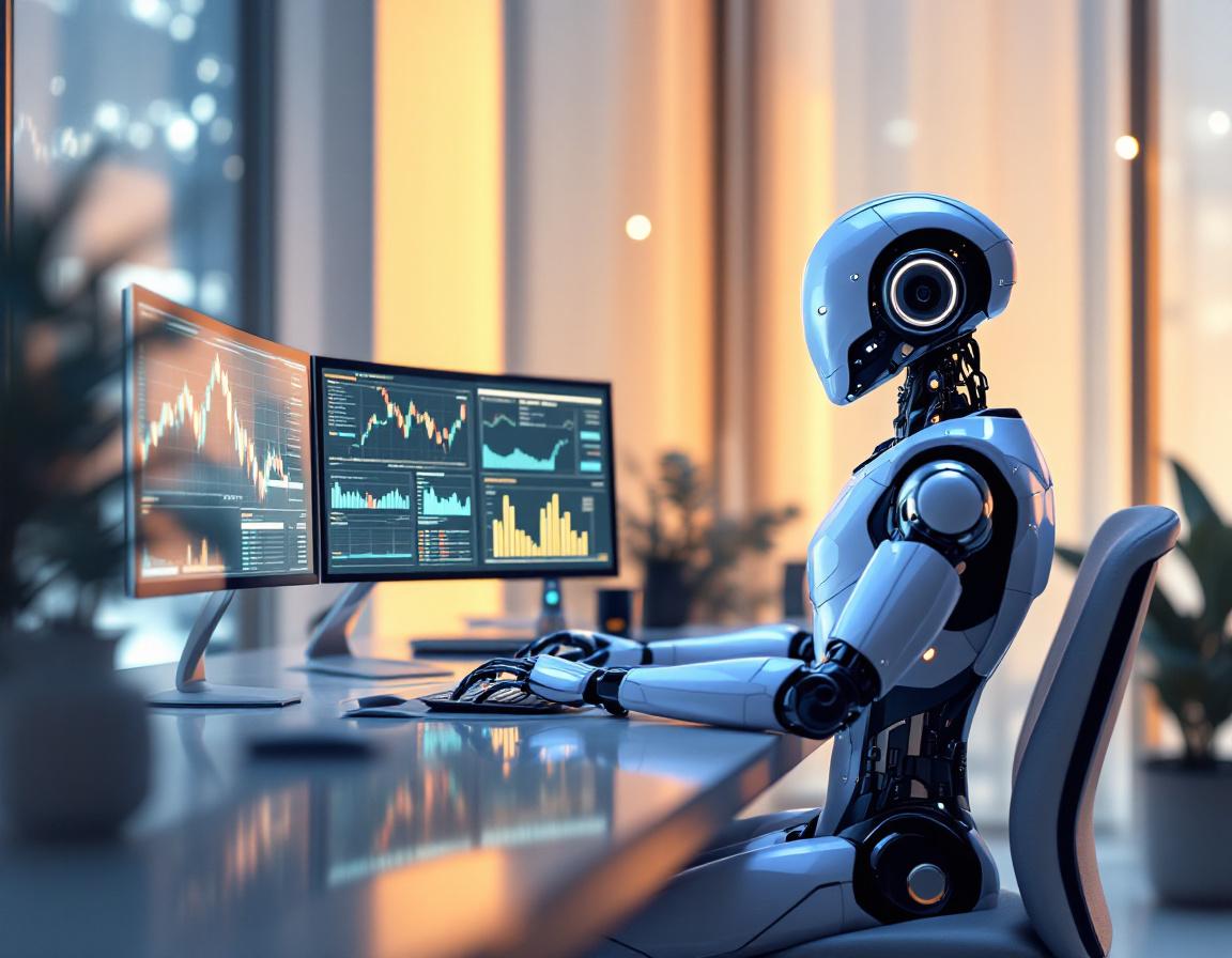 A hyper-realistic AI trading bot at a workstation, analyzing financial markets on multiple screens.