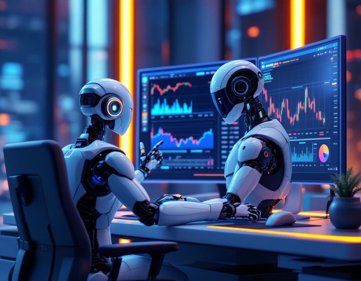 A futuristic 3D AI trading bot analyzes market data at a sleek workstation with multiple screens.