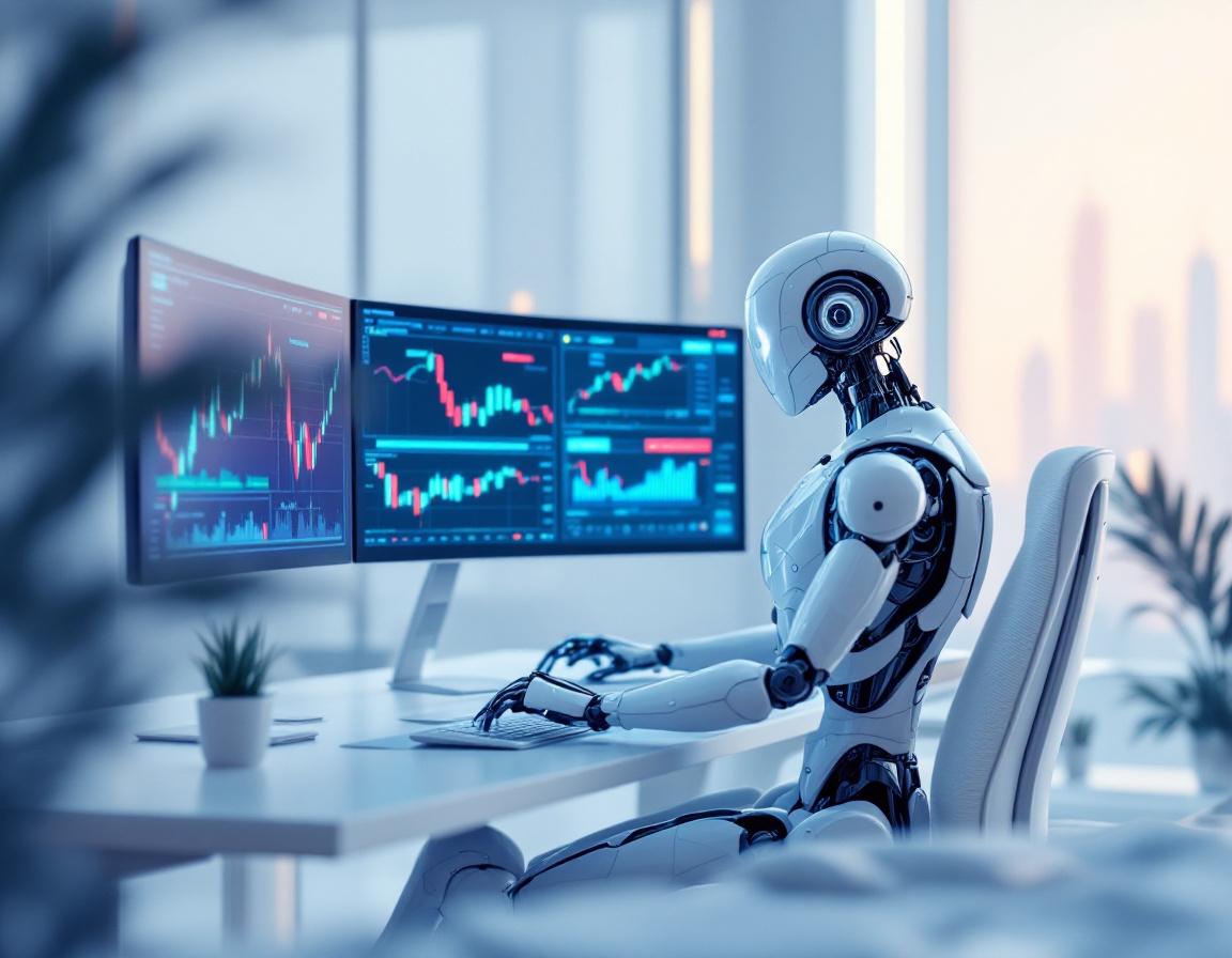 A humanoid AI trading bot analyzes market data at a high-tech workstation with glowing screens.