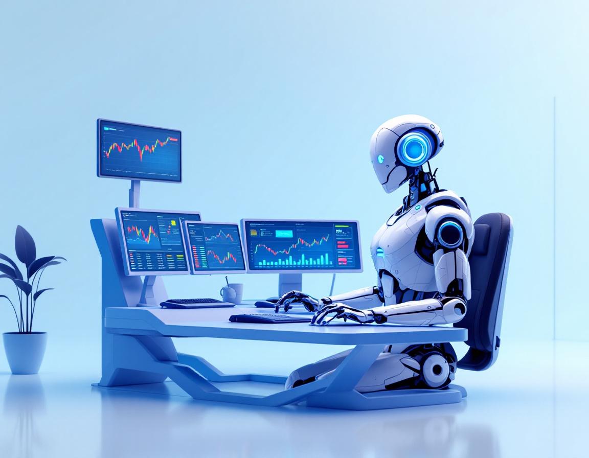 A hyper-realistic AI trading bot at a workstation analyzing stock and crypto market data on screens.