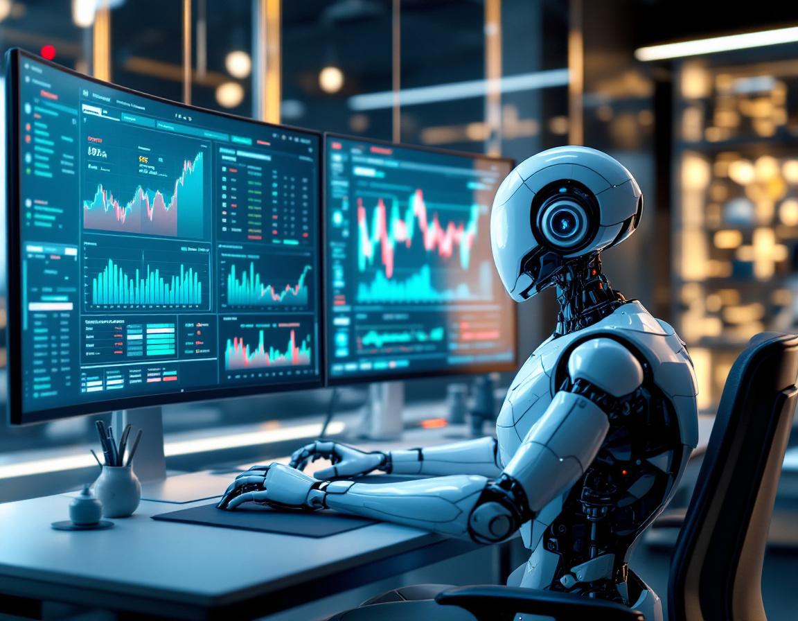 A hyper-realistic humanoid AI trading bot analyzes market data at a futuristic trading workstation.