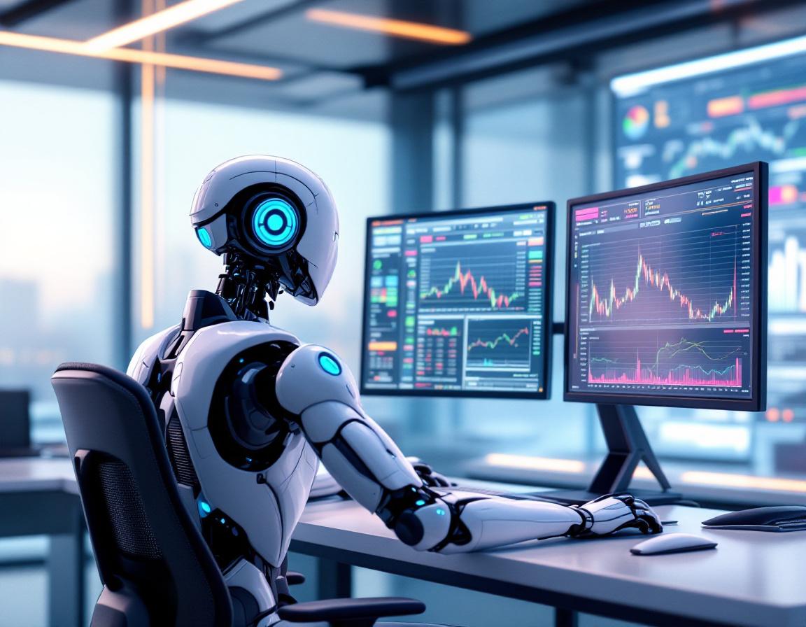 A humanoid AI trading bot at a high-tech workstation analyzing market data on multiple screens.