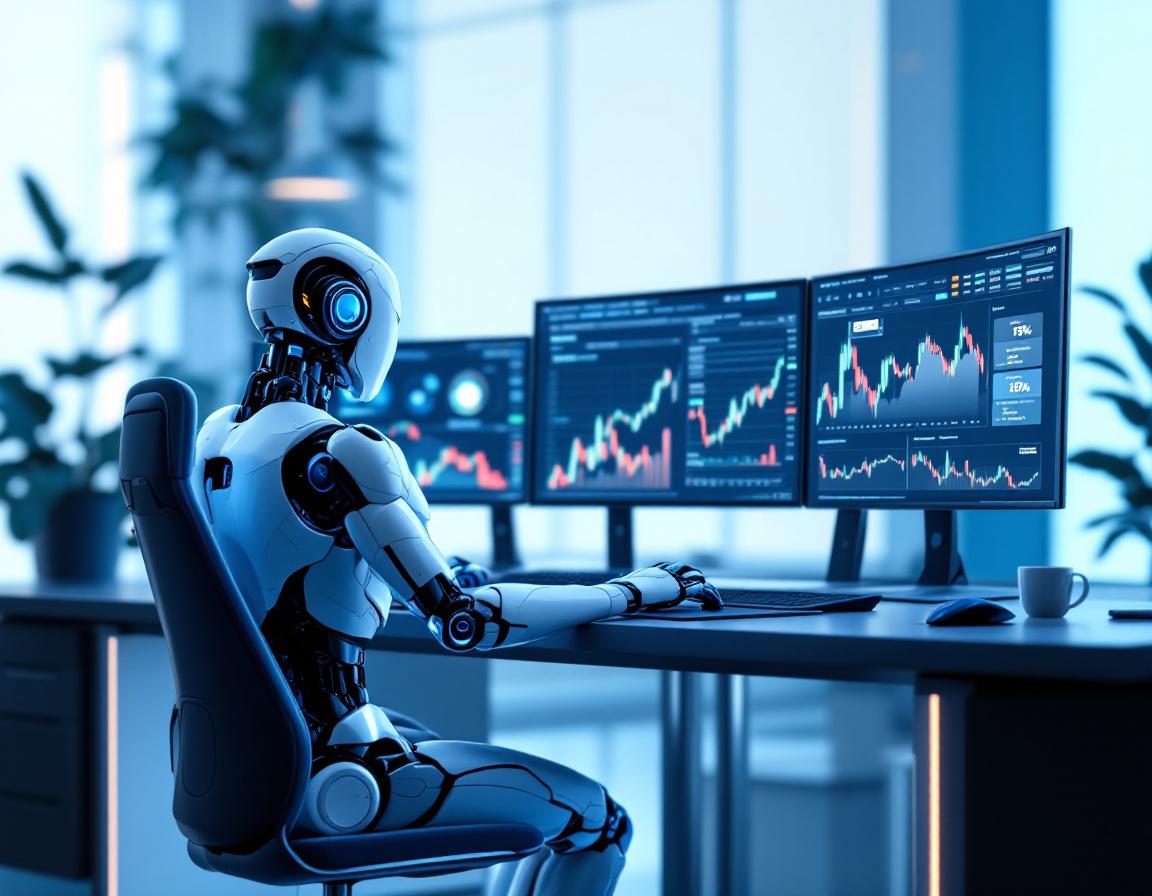 A humanoid AI trading bot analyzes market data at a high-tech workstation with glowing screens.