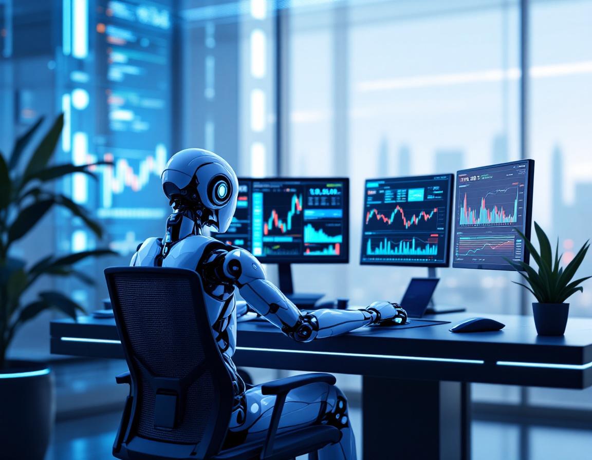 A humanoid AI trading bot at a high-tech workstation, analyzing market data across multiple screens.