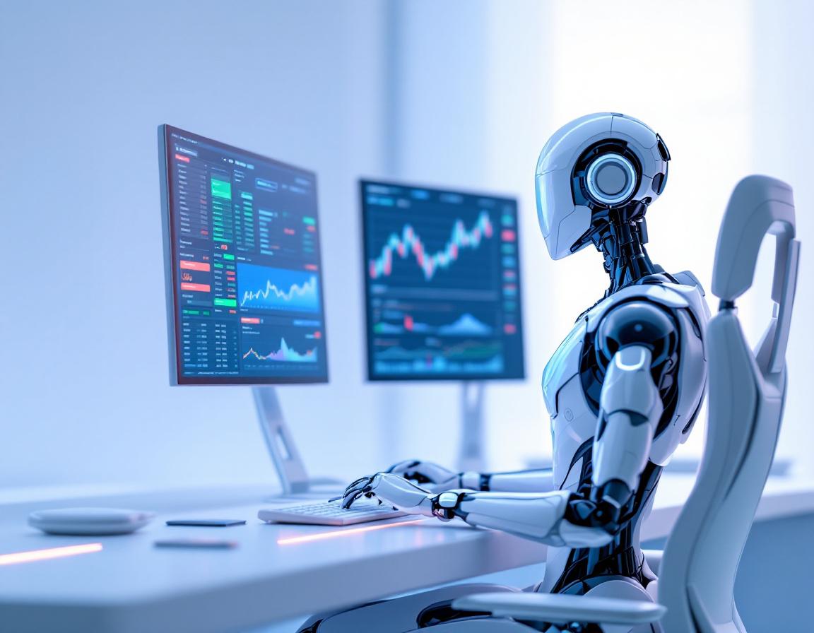 A hyper-realistic AI trading bot analyzing markets at a high-tech workstation with glowing screens.