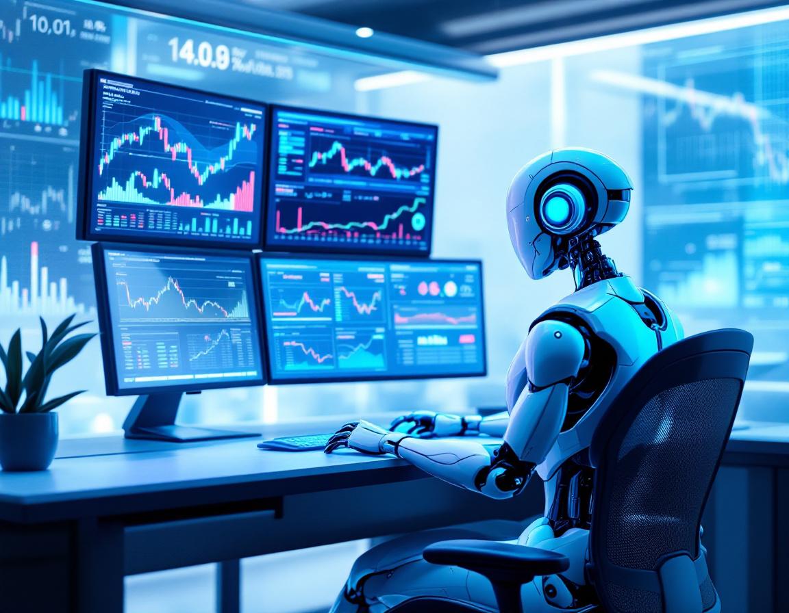 A hyper-realistic AI trading bot analyzes market data on multiple screens in a futuristic workspace.