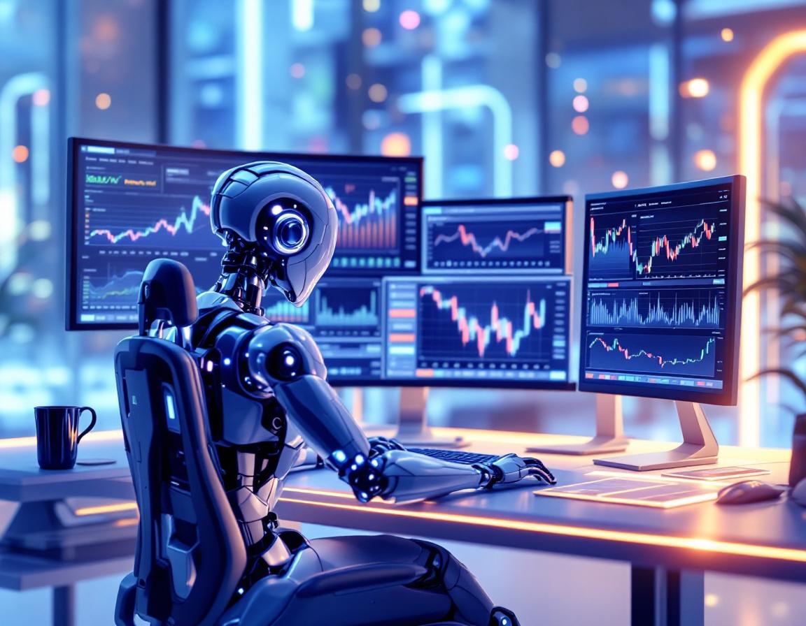 A hyper-realistic AI trading bot at a workstation analyzing market data on multiple screens.