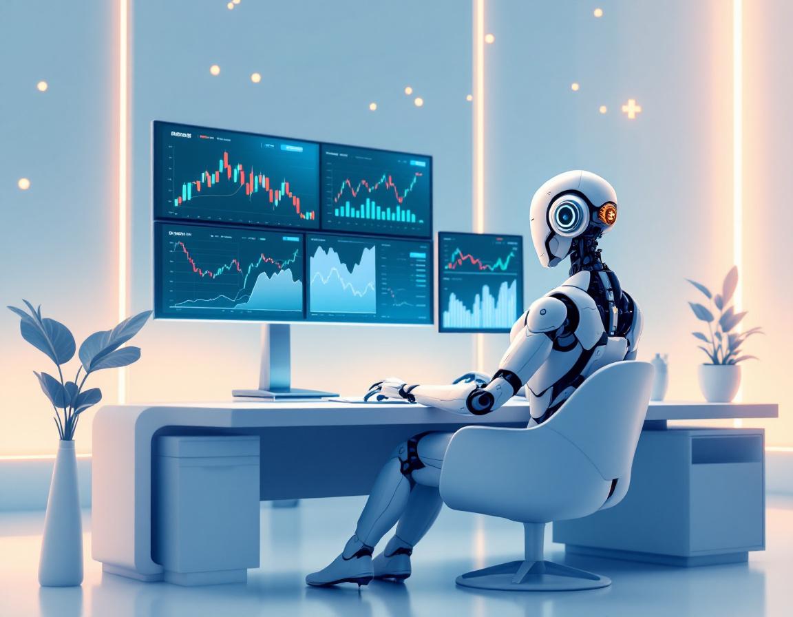 A humanoid AI trading bot at a workstation, analyzing crypto data with multiple detailed screens.