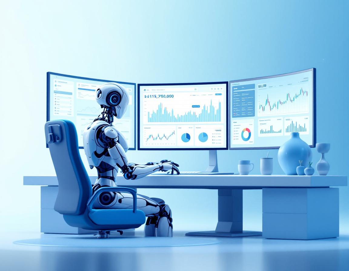 A humanoid AI trading bot at a high-tech workstation analyzing market data with multiple screens.