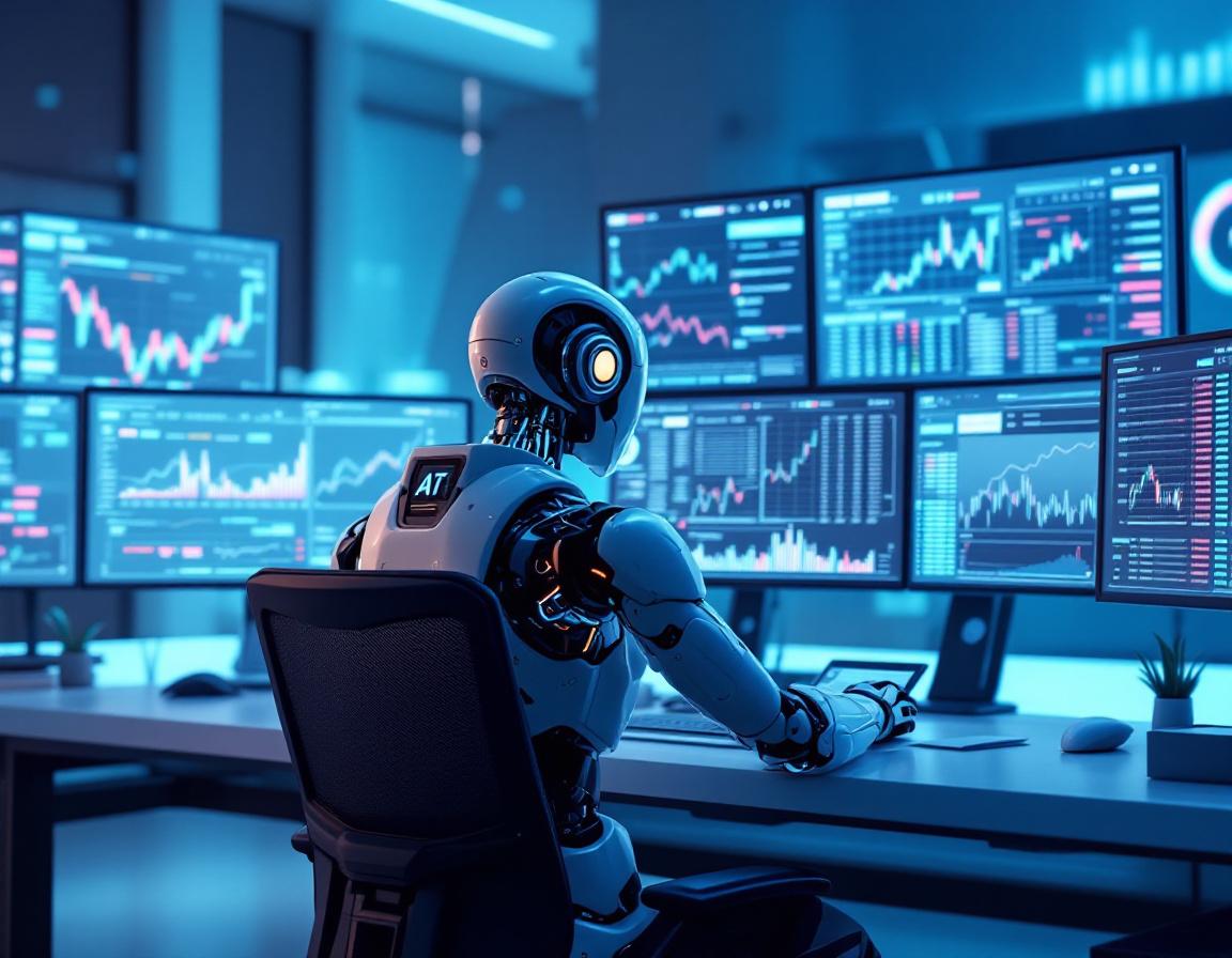 A hyper-realistic AI trading bot in a futuristic workspace analyzing stock and crypto market data.