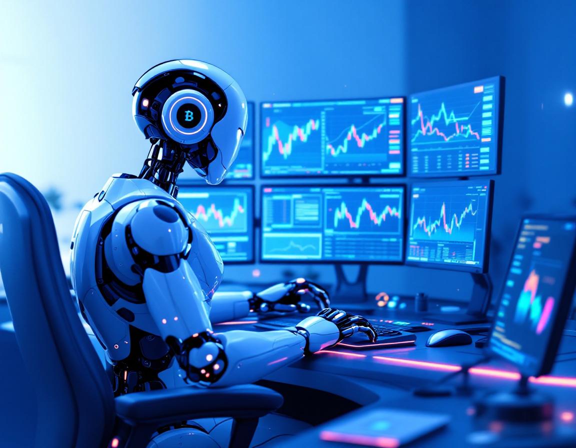 A humanoid AI trading bot at a high-tech workstation analyzes financial data on multiple screens.