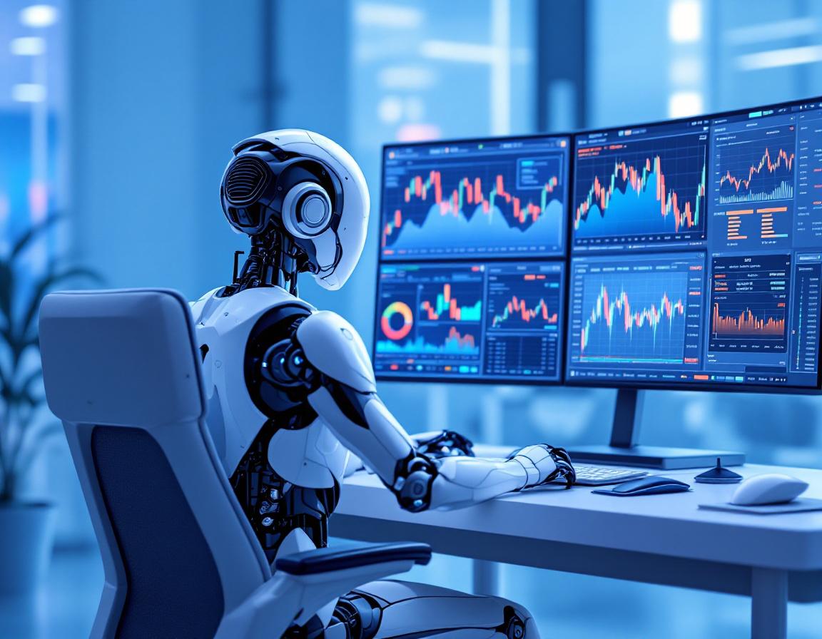 A humanoid AI trading bot at a high-tech workstation analyzing market data on multiple screens.