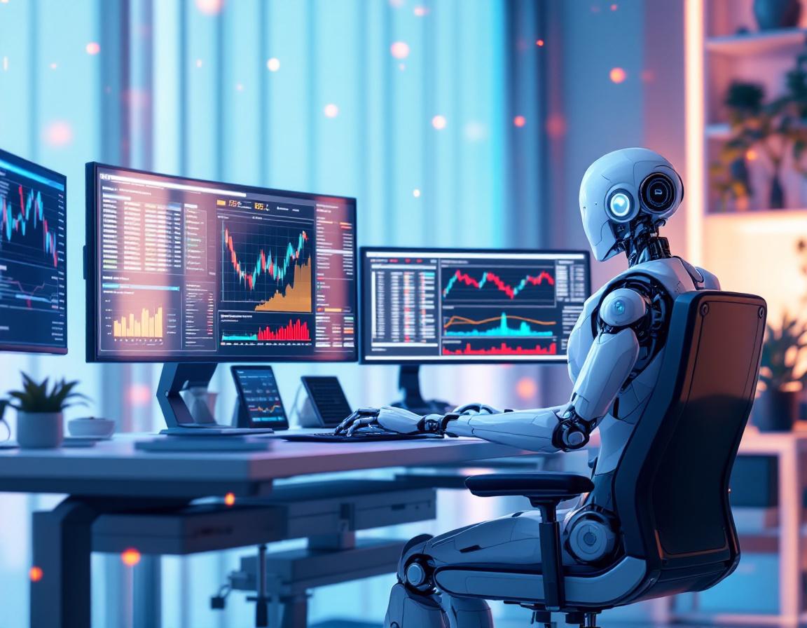 A sleek humanoid AI trading bot at a high-tech workstation analyzing data on multiple screens.