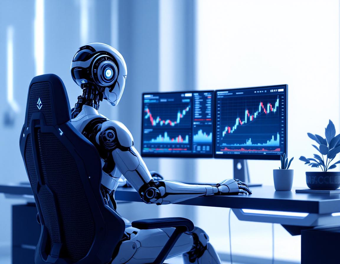 A humanoid AI trading bot monitors market data at a high-tech workstation with glowing screens.