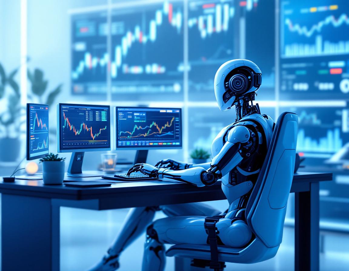 A hyper-realistic AI trading bot at a workstation, analyzing market data with multiple screens.