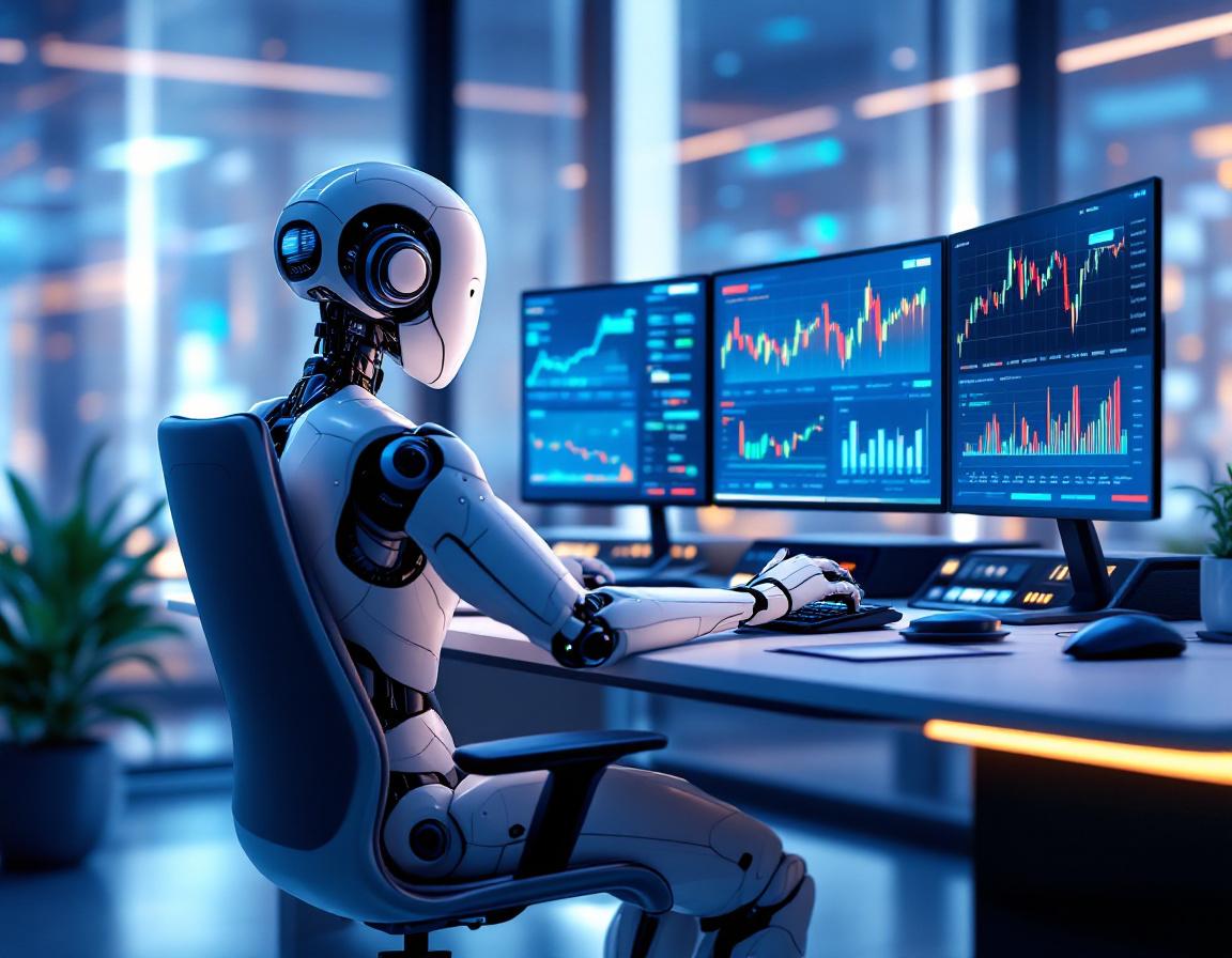 A hyper-realistic AI trading bot analyzes market data on multiple screens in a futuristic workspace.