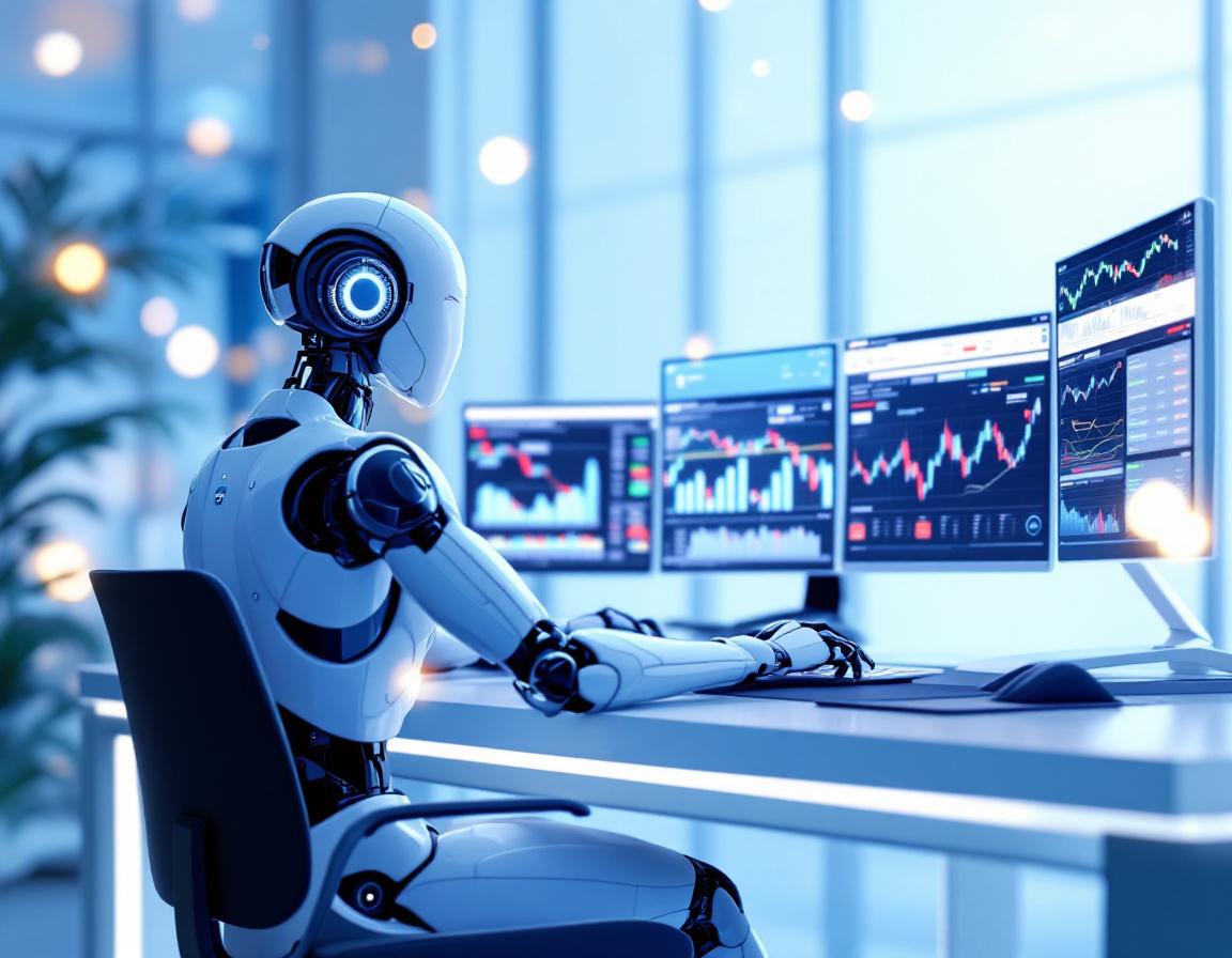 A sleek, humanoid AI trading bot at a high-tech workstation analyzing multiple market data screens.