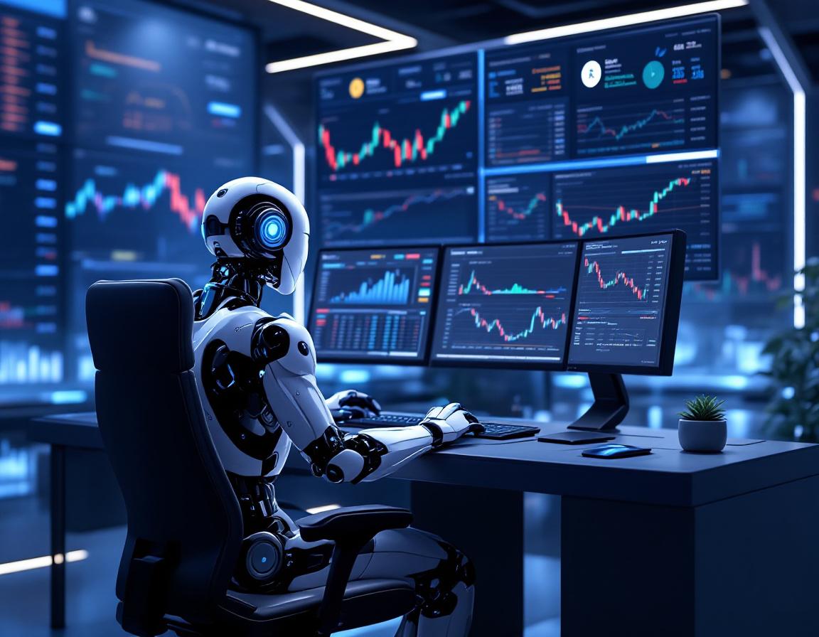 A hyper-realistic AI trading bot analyzes data in a futuristic environment with multiple screens.