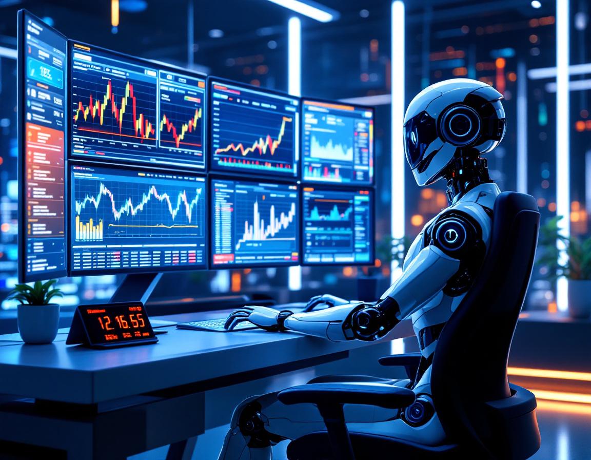 A hyper-realistic AI trading bot seated at a workstation, analyzing market data on multiple screens.