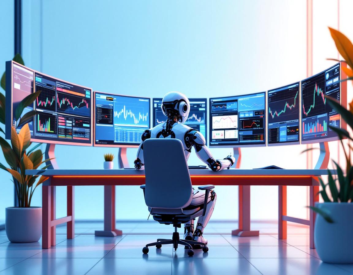 A hyper-realistic AI trading bot at a high-tech workstation analyzing stock and crypto market data.