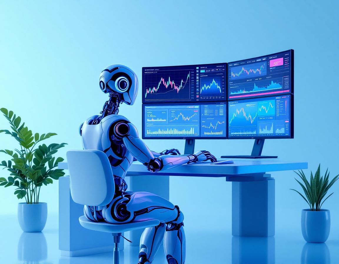 A humanoid AI trading bot at a high-tech workstation analyzes market data on multiple screens.