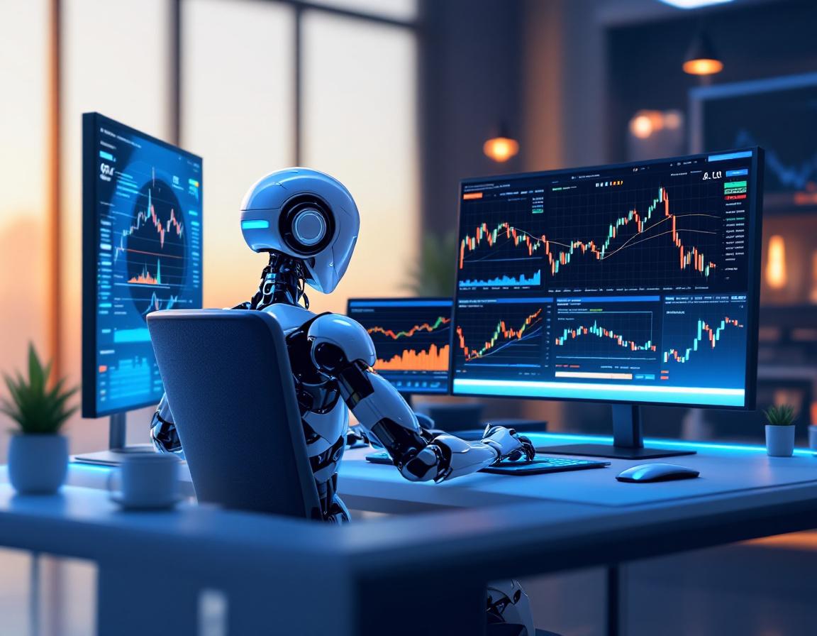 A sleek AI trading bot seated at a high-tech workstation, analyzing market data on multiple screens.