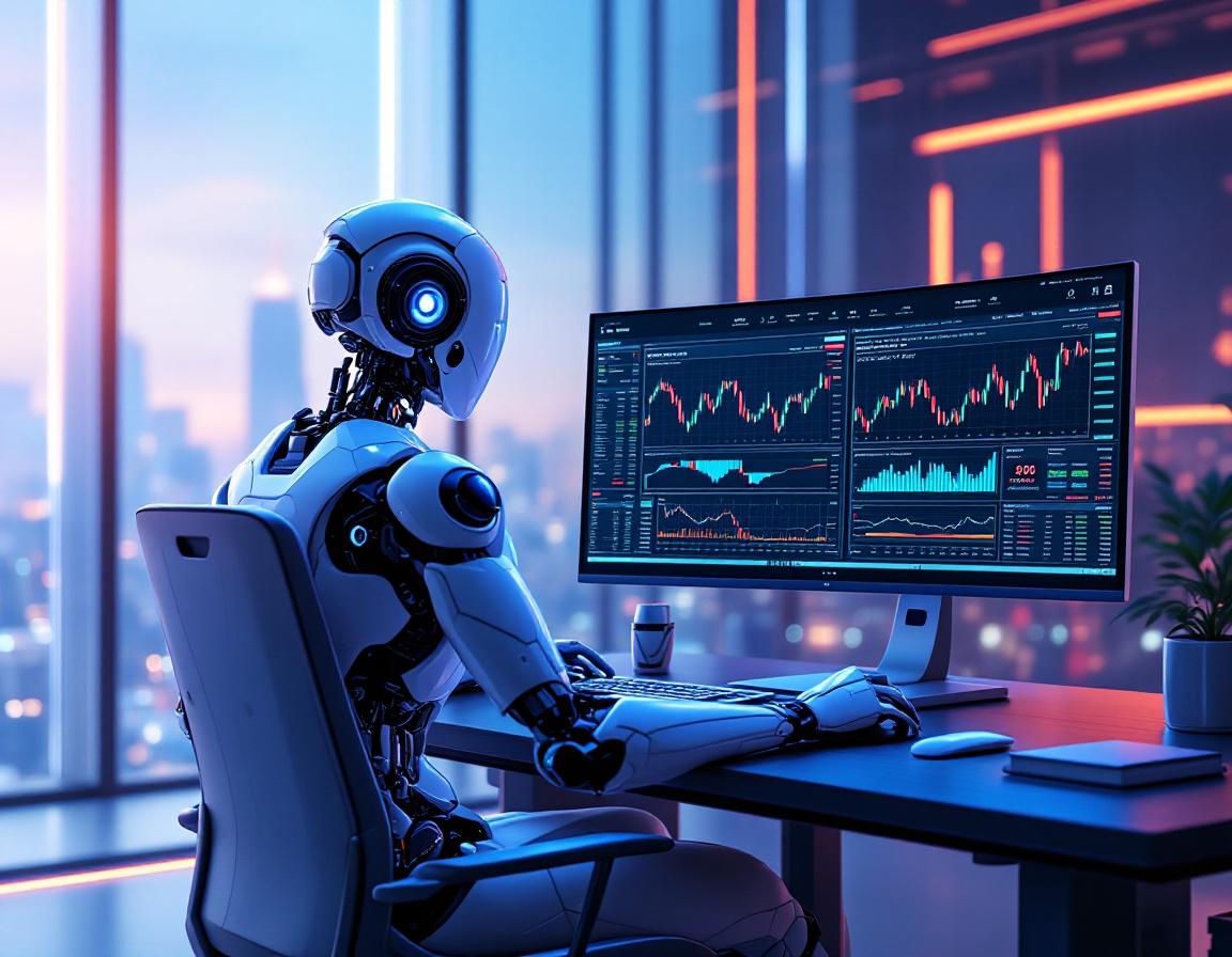 A hyper-realistic AI trading bot at a high-tech workstation analyzing stock and crypto market data.