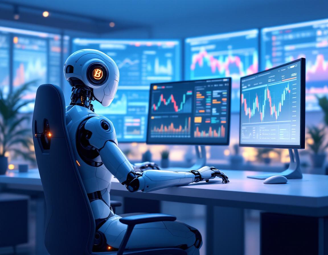 A hyper-realistic AI trading bot at a workstation analyzes market data across multiple screens.