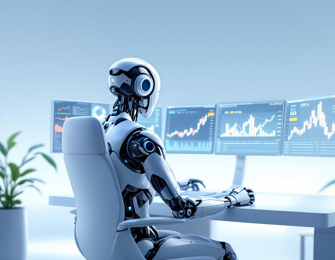 A hyper-realistic AI trading bot analyzing market data at a high-tech workstation with screens.