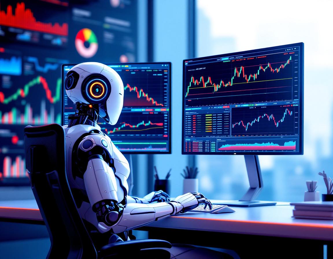 A humanoid AI trading bot in a futuristic workspace analyzes crypto market data on multiple screens.