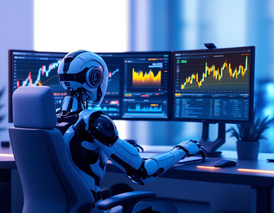 A hyper-realistic AI trading bot at a workstation, analyzing market data across multiple screens.