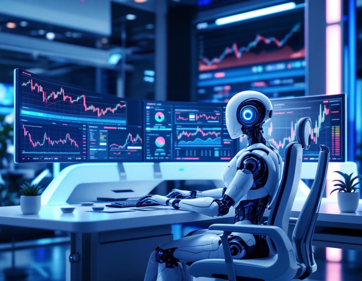 A humanoid AI trading bot analyzes market data at a high-tech workstation with multiple screens.