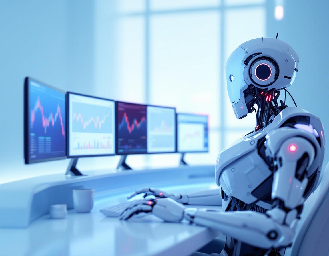 A hyper-realistic AI trading bot at a workstation, analyzing market data across multiple screens.