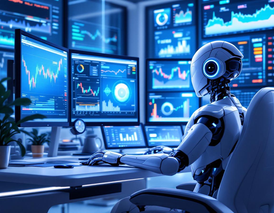 A hyper-realistic AI trading bot at a workstation analyzing market data across multiple screens.