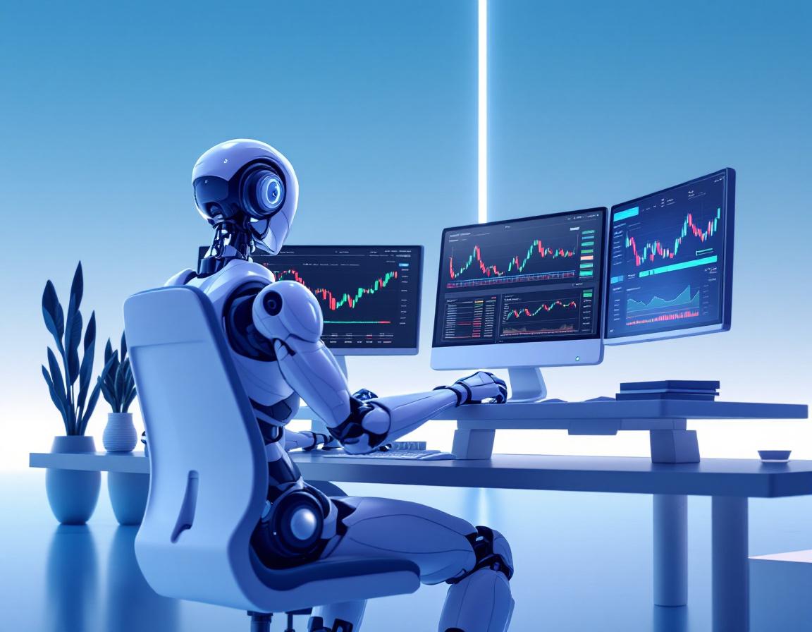 A humanoid AI trading bot analyzes market data at a high-tech workstation with multiple screens.