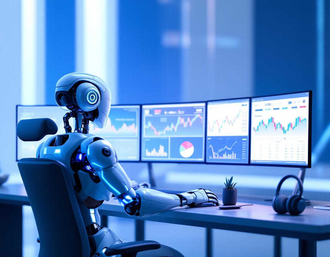 A hyper-realistic AI trading bot in a futuristic setup, analyzing market data on multiple screens.